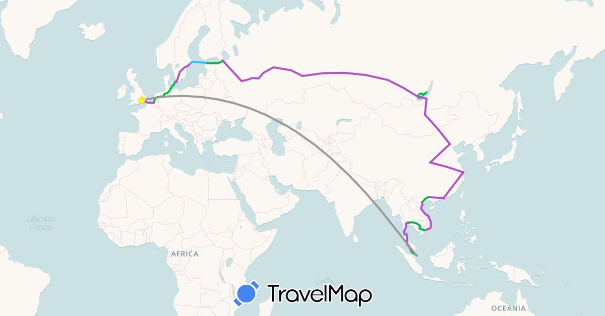 TravelMap itinerary: driving, bus, plane, train, boat in Belgium, China, Denmark, Estonia, United Kingdom, Cambodia, Mongolia, Malaysia, Russia, Sweden, Singapore, Thailand, Vietnam (Asia, Europe)